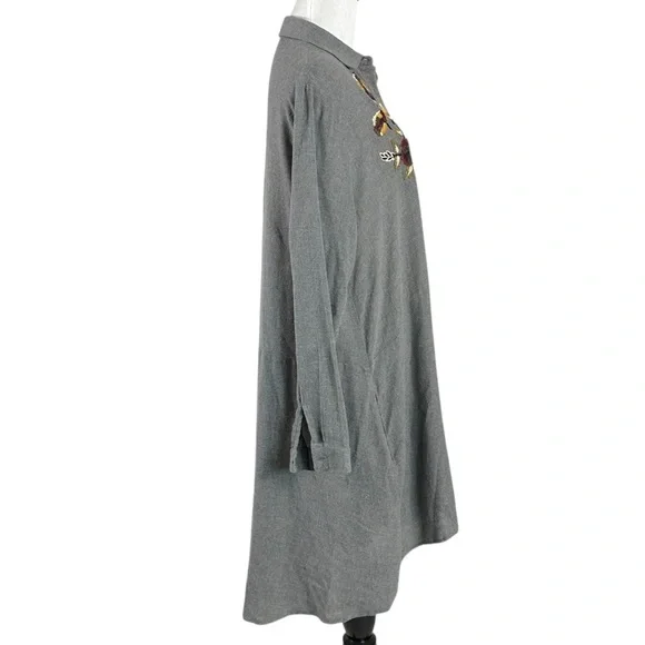 Zara Embroidered Swing Tunic Shirt Dress Size Large Grey Flannel Fall Shacket - Picture 7 of 15